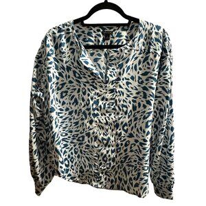 Ann Taylor size M blue print split v neck long sleeve blouse